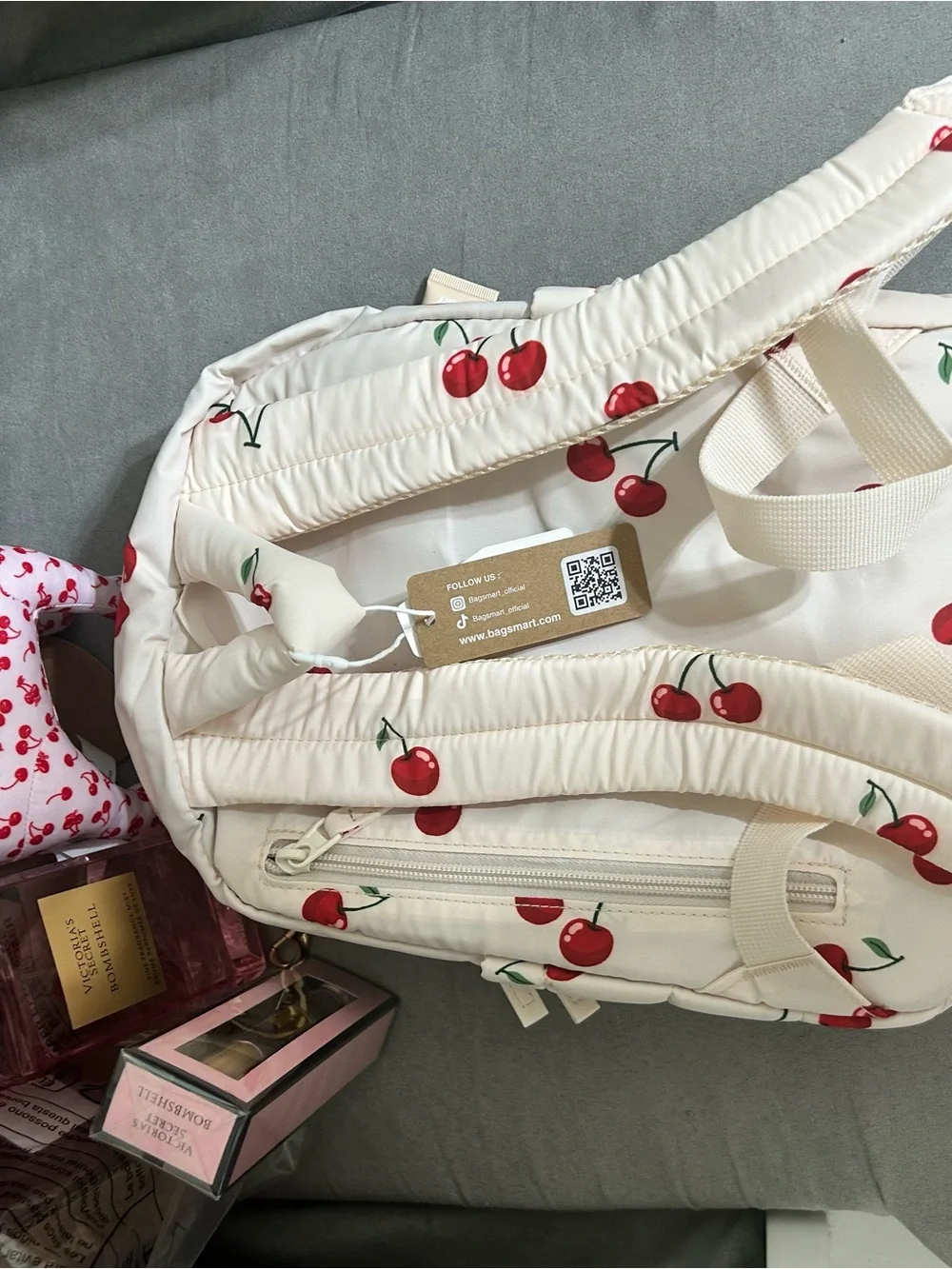 Cherry Print Quilted Backpack Charm Victoria’s Secret Bombshell Mist NWT - Picture 10 of 12
